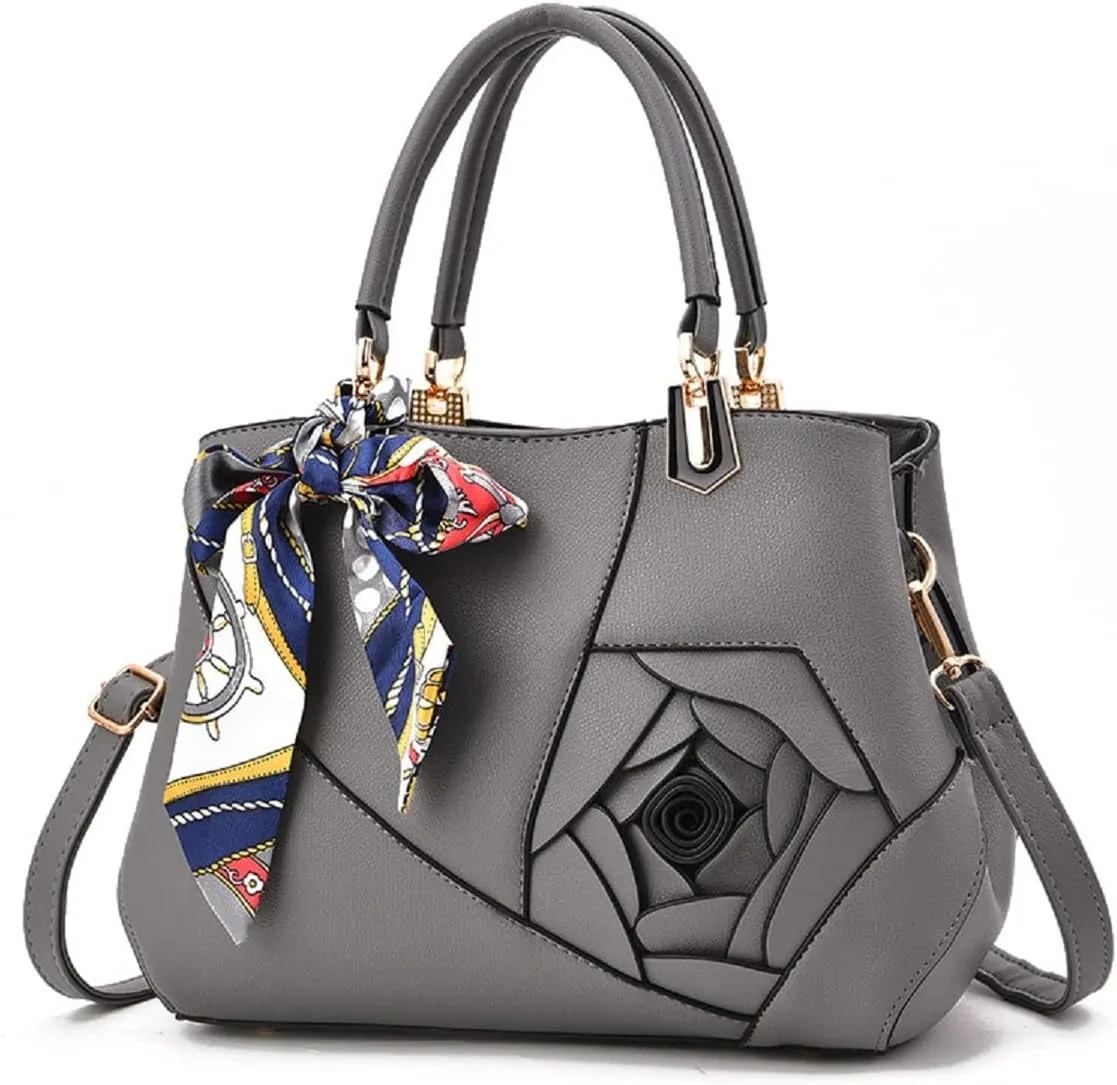 Purses and Handbags for Women PU Leather Top-Handle Satchel Bowknot Shoulder Bag Tote Flower Crossbody Bag(Khaki)