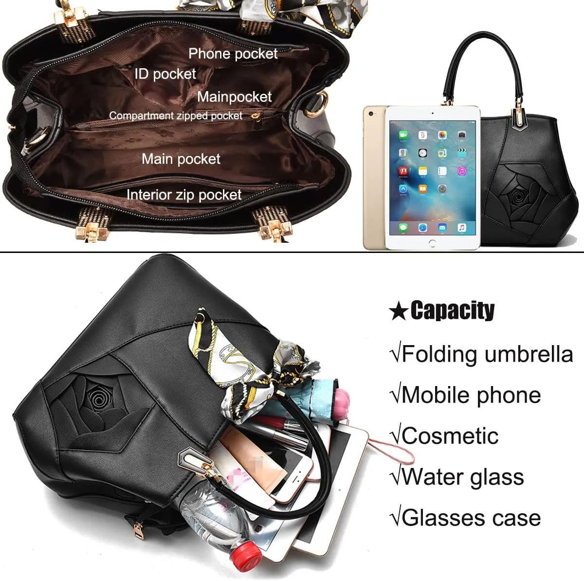 Purses and Handbags for Women PU Leather Top-Handle Satchel Bowknot Shoulder Bag Tote Flower Crossbody Bag(Khaki)