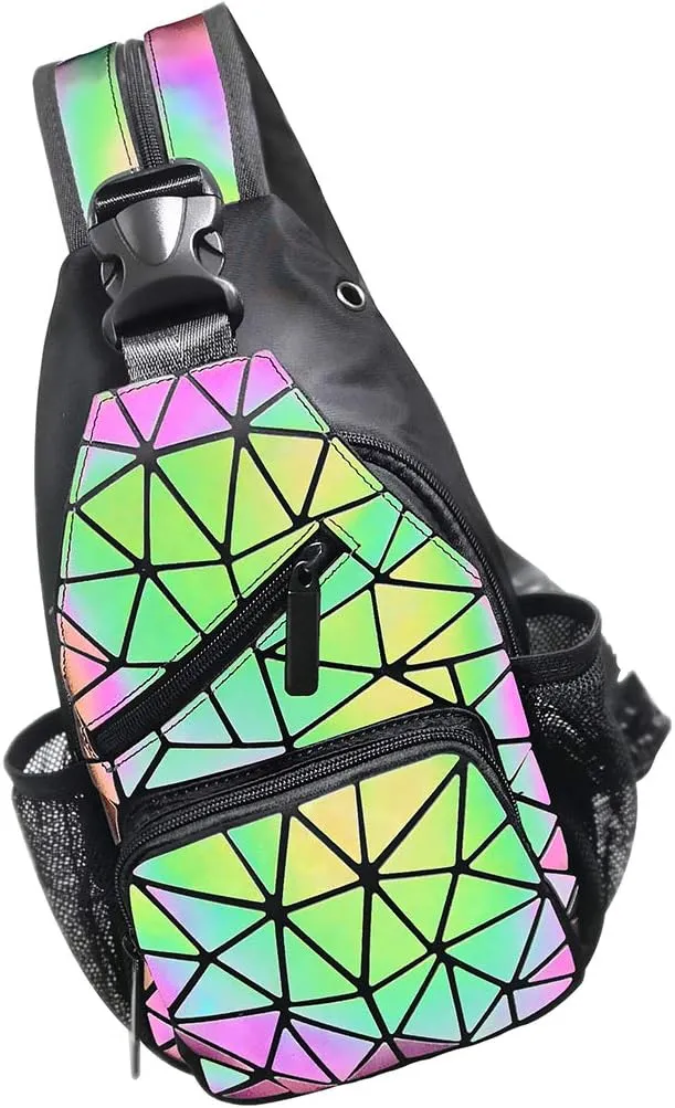 PYFK Geometric Backpack Luminous Holographic Purse Color Changes Flash Reflective Bag For Cycling Fashion Sling Bag for Women(Prism)