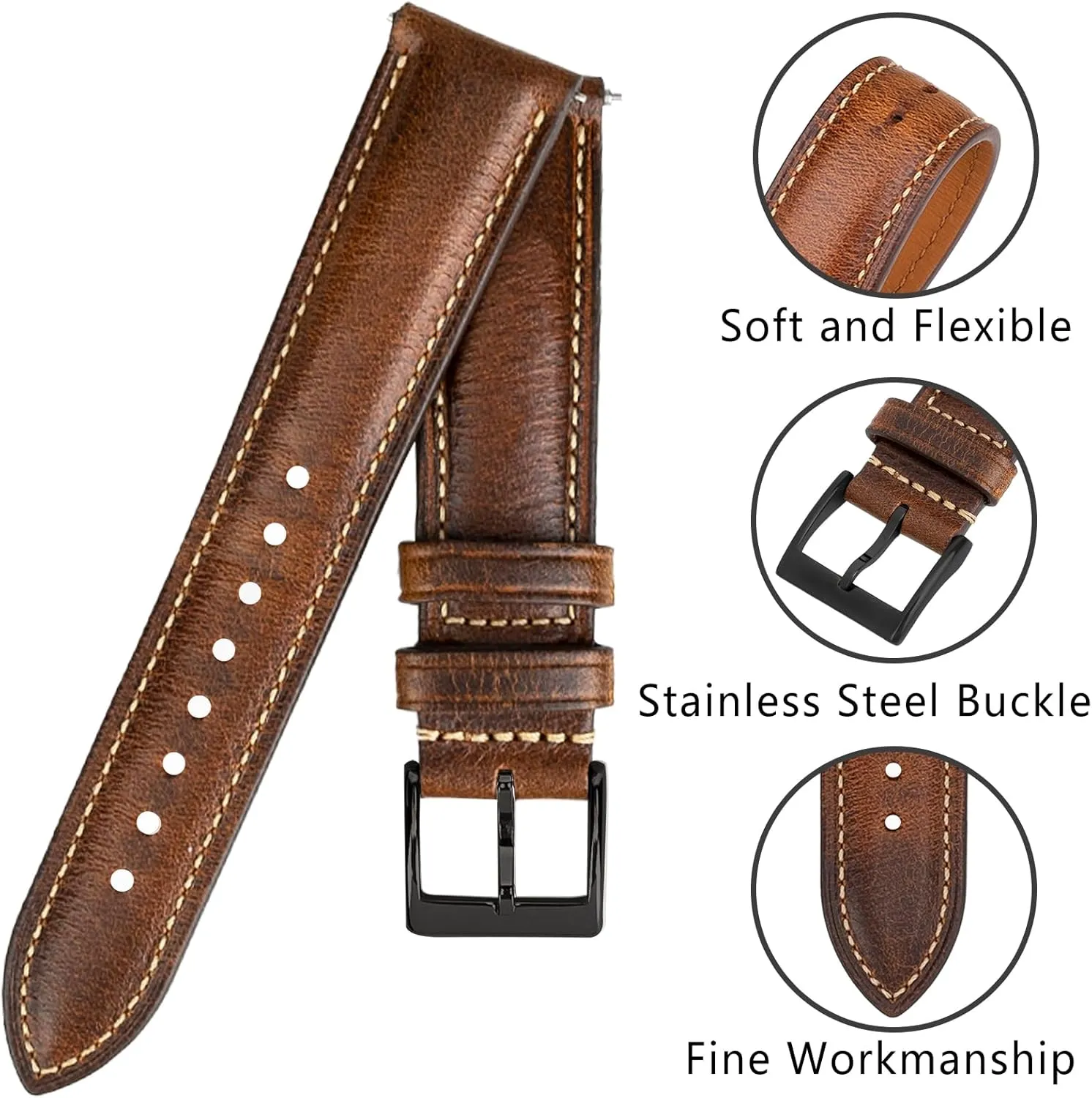 Quick Release Leather Watch Bands 14mm 16mm 18mm 19mm 20mm 21mm 22mm 24mm,Vintage Oil Wax-Tanned Leather Watch Straps Men's Watch Band Replacement Watch Strap for Men Women
