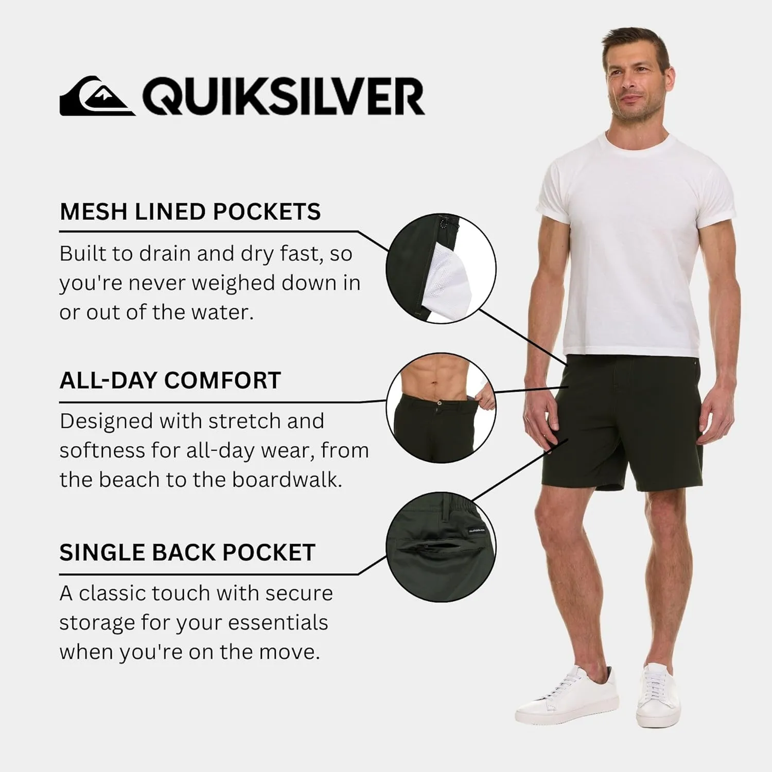Quiksilver Shorts for Men Big and Tall, Hybrid Stretch Amphibian Quick Dry Short
