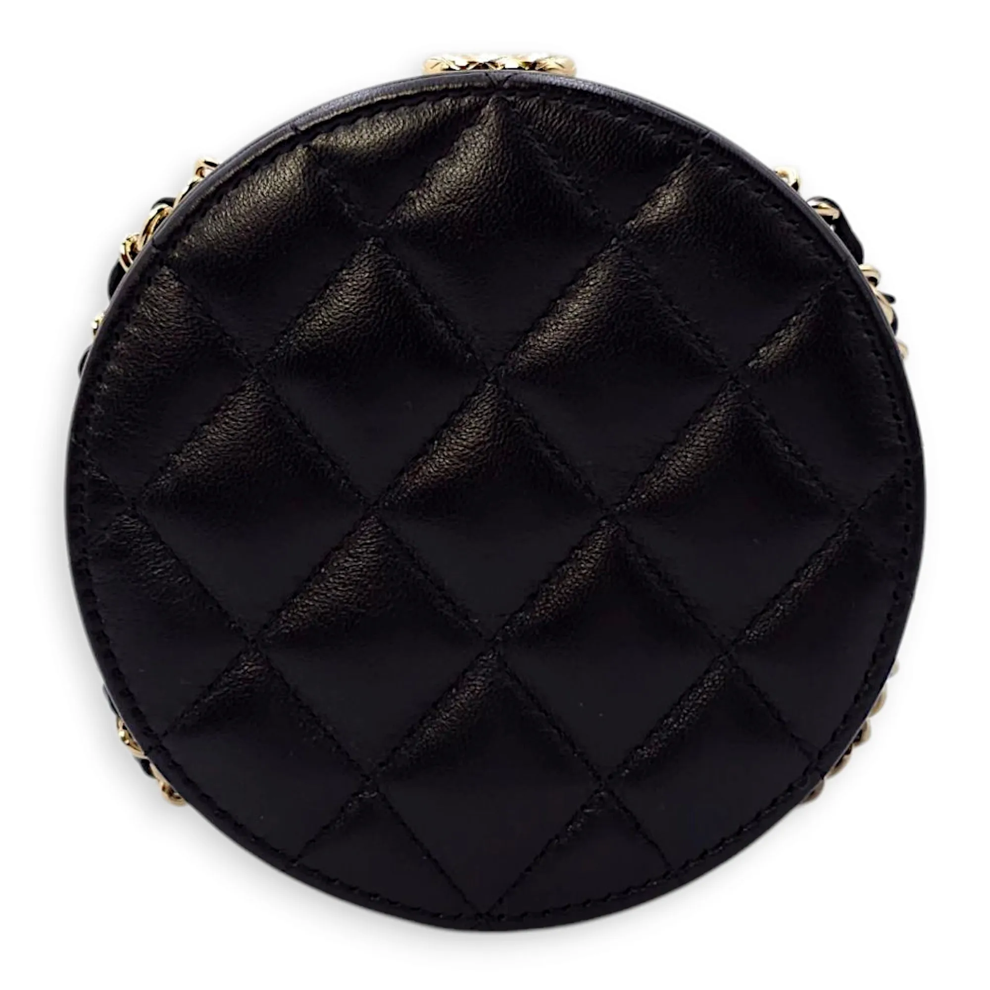 Quilted Filigree Chain Around Circle Black Crossbody Bag in Lambskin, Gold hardware