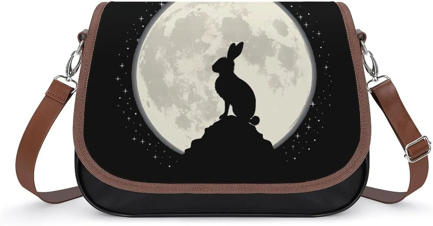 Rabbit Hare Animal Full Moon Crossbody Purses for Women PU Leather Shoulder Bag Handbag Clucth