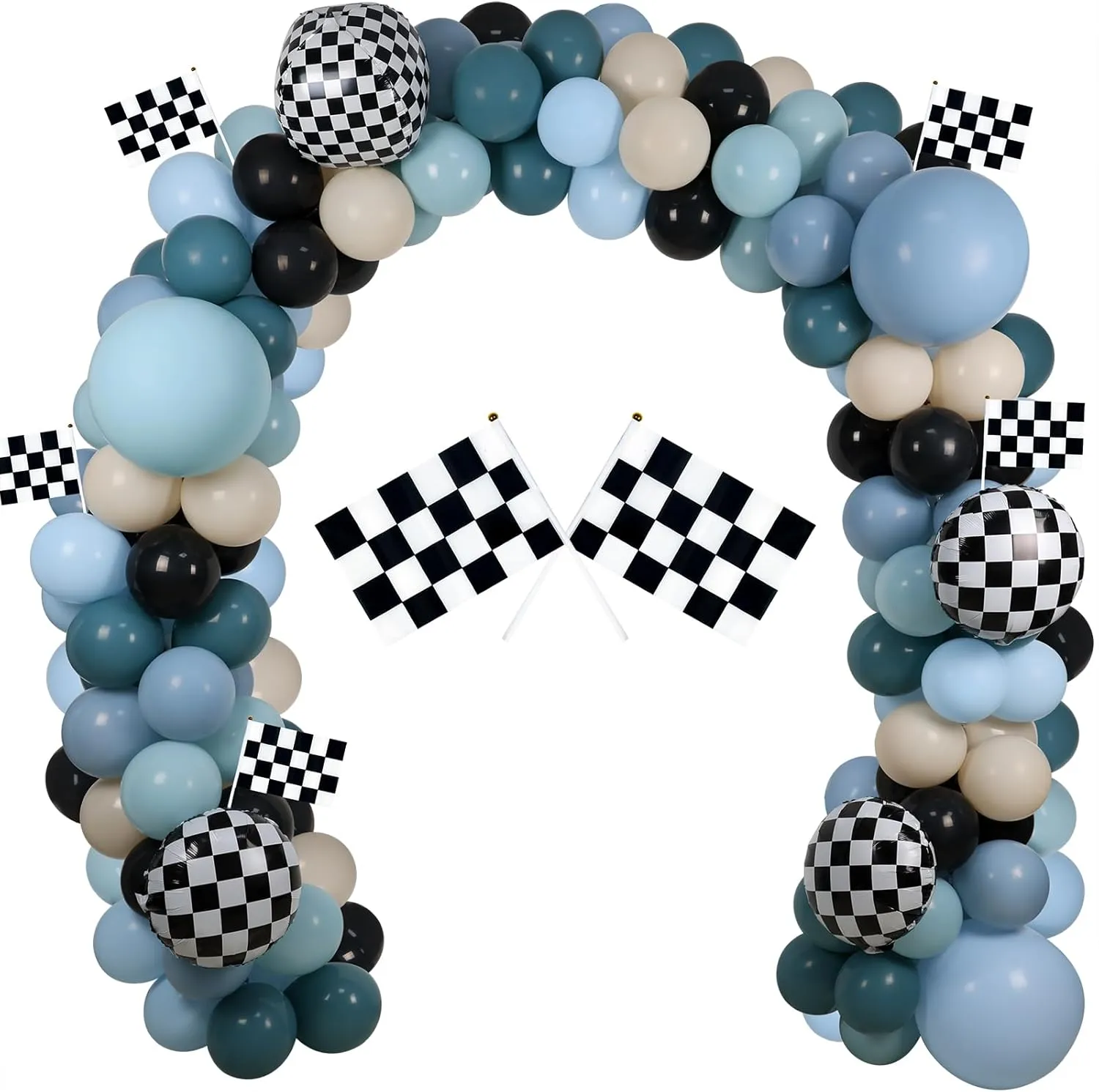 Race Balloon Garland Arch Kit, Dusty Blue Black Balloons with Checkered Balloons for Race Theme Birthday Party Decorations Baby Shower Party Supplies