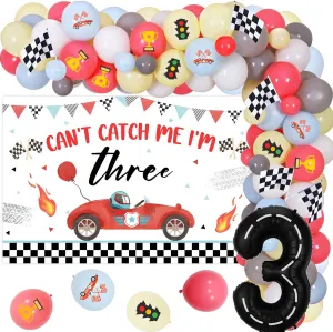 Race Car 3rd Birthday Decorations for Boy, Can’t Catch Me I’m Three Racing Theme Birthday Party Supplies Decors with Balloons Garland Arch Kit and Backdrop Poster Vintage Red