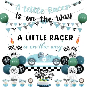 Race Car Baby Shower Decorations A Little Racer is On The Way Backdrop Glitter Vintage Racing Car Banner Cake and Cupcake Toppers Blue Green Checkered Flag Balloons for Boys Baby Shower Party Supplies