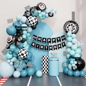 Race Car Balloon Garland Arch Kit 145Pcs Dusty Blue Black Balloons with Race Car Happy Birthday Banner Checkered Balloons Checkered Flag for Race Car Two Fast Birthday Party Decorations