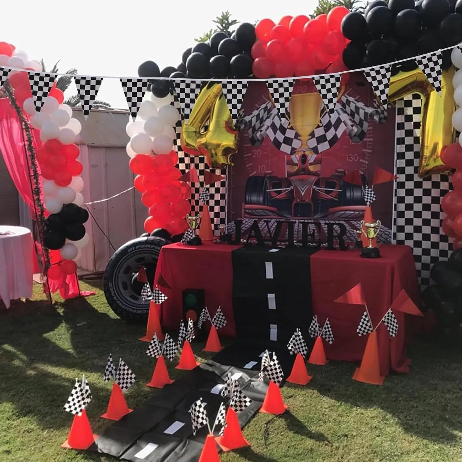 Race Car Birthday Decorations,Racecar Centerpiece Decoration for Kids,7in Orange Racing Cones(12),Checkered Flags (24), Racetrack Floor Runner,Checkered Banner,Car Theme Party Supplies(39PCS)