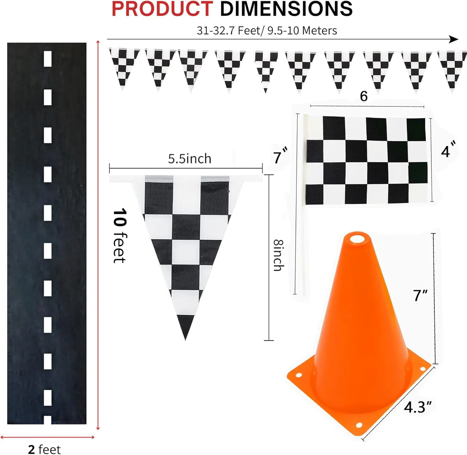 Race Car Birthday Decorations,Racecar Centerpiece Decoration for Kids,7in Orange Racing Cones(12),Checkered Flags (24), Racetrack Floor Runner,Checkered Banner,Car Theme Party Supplies(39PCS)
