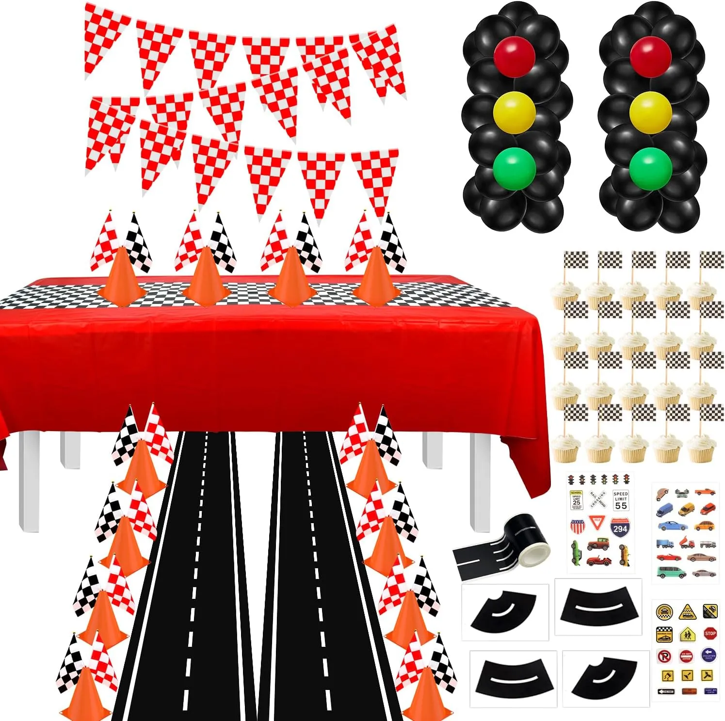 Race Car Party Supplies - 12 Traffic Cones With Holes on Top, 24 Checkered Flags, Checkered Race Car Party Tablecloth, Wheel Tire Balloons, Racetrack Floor Running Mat for Racing Party Decorations