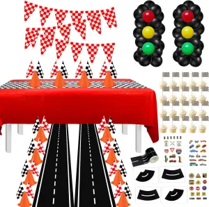 Race Car Party Supplies - 12 Traffic Cones With Holes on Top, 24 Checkered Flags, Checkered Race Car Party Tablecloth, Wheel Tire Balloons, Racetrack Floor Running Mat for Racing Party Decorations