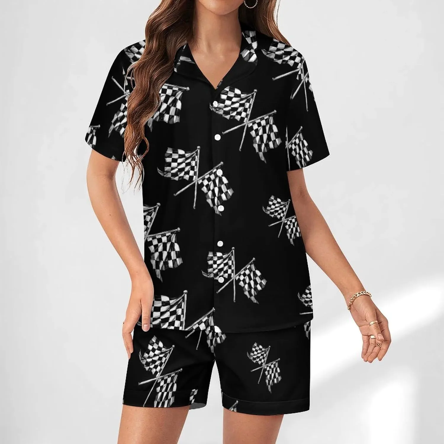 Racer Race Checkered Flags Women's Satin Pajama Set Short Sleeve Button Down Sleepwear Loungewear Pj Set
