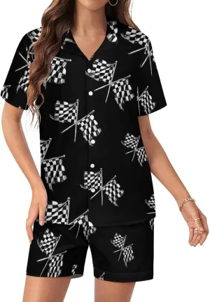 Racer Race Checkered Flags Women's Satin Pajama Set Short Sleeve Button Down Sleepwear Loungewear Pj Set