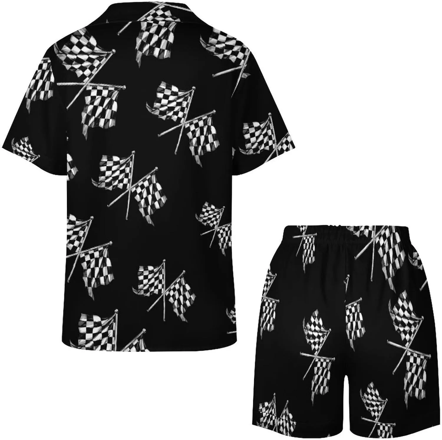 Racer Race Checkered Flags Women's Satin Pajama Set Short Sleeve Button Down Sleepwear Loungewear Pj Set