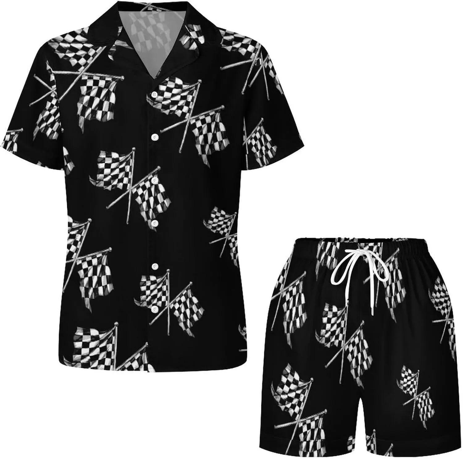 Racer Race Checkered Flags Women's Satin Pajama Set Short Sleeve Button Down Sleepwear Loungewear Pj Set