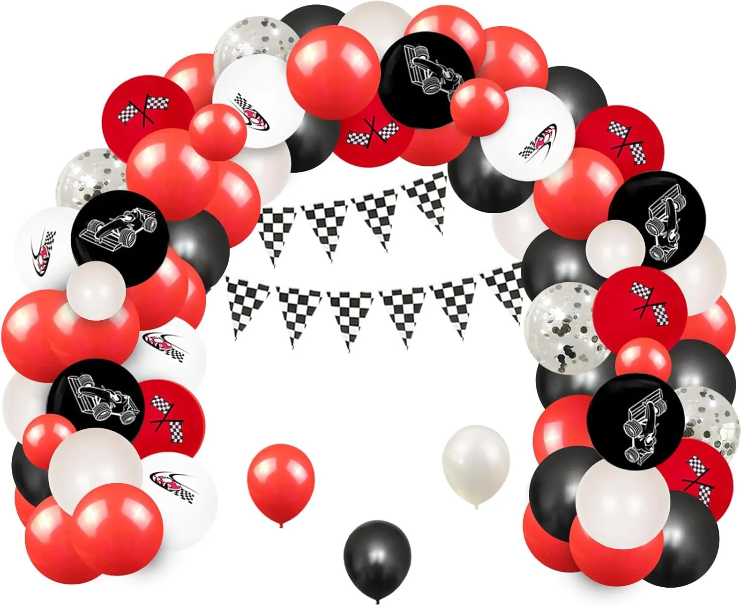 Racing Car Birthday Decorations for Boys, Race Theme Balloon Arch Kit Red Black and White, Checkered Banner Flag Balloons for 1st 2nd Birthday Decorations