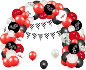 Racing Car Birthday Decorations for Boys, Race Theme Balloon Arch Kit Red Black and White, Checkered Banner Flag Balloons for 1st 2nd Birthday Decorations