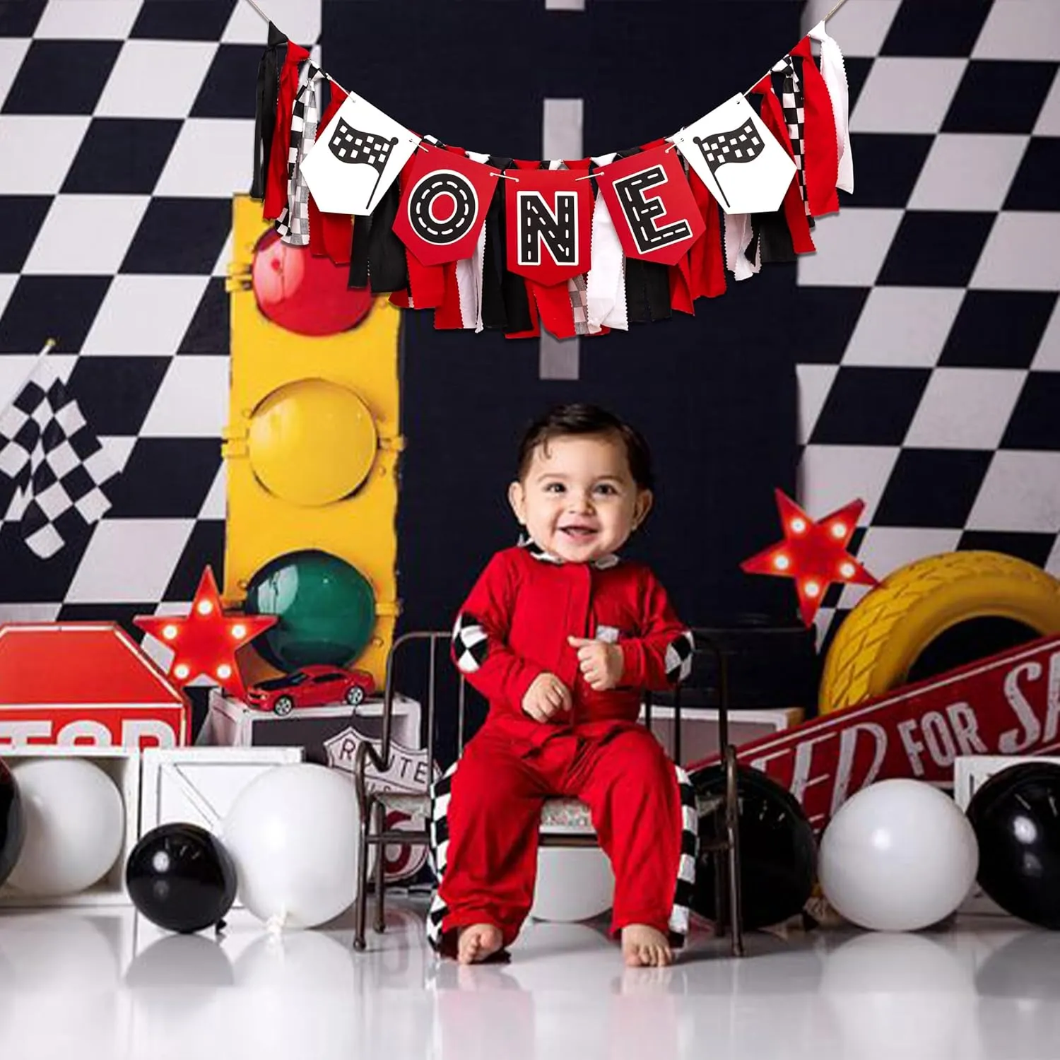 Racing Car ONE High Chair Banner - Racing Car First Birthday Party Decorations For Baby,Fast One Birthday Party Decor
