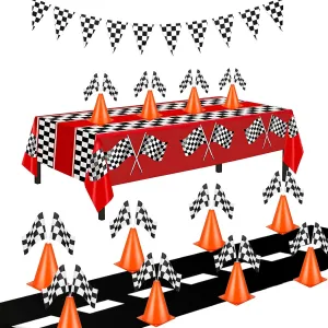 Racing Cars Birthday Decorations,Racecar Centerpiece Decoration for Kids - Orange Racing Cones(12) , Checkered Flags (24), Plastic Tablecloth (54"x108") ,Floor Runner,Banner Race Car Party(40pcs)