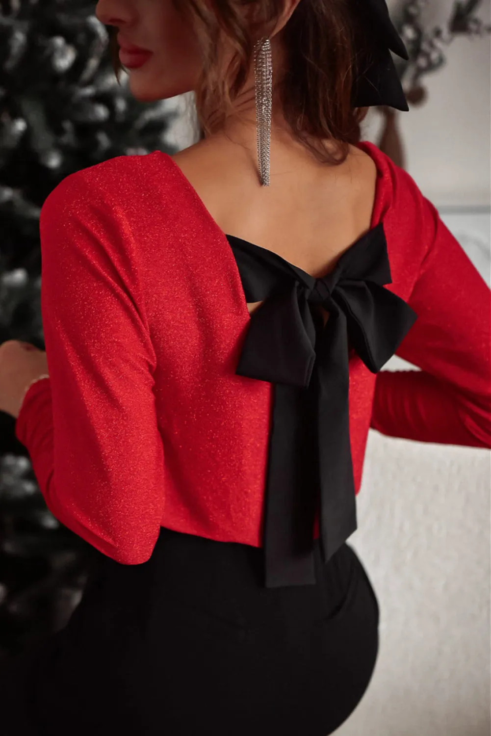 Racing Red Metallic Bowknot Open Back Top