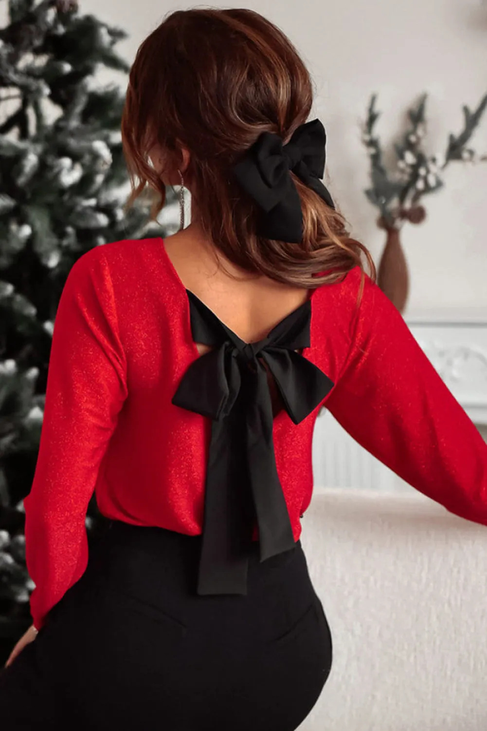 Racing Red Metallic Bowknot Open Back Top