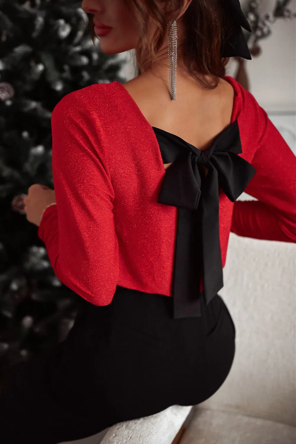 Racing Red Metallic Bowknot Open Back Top