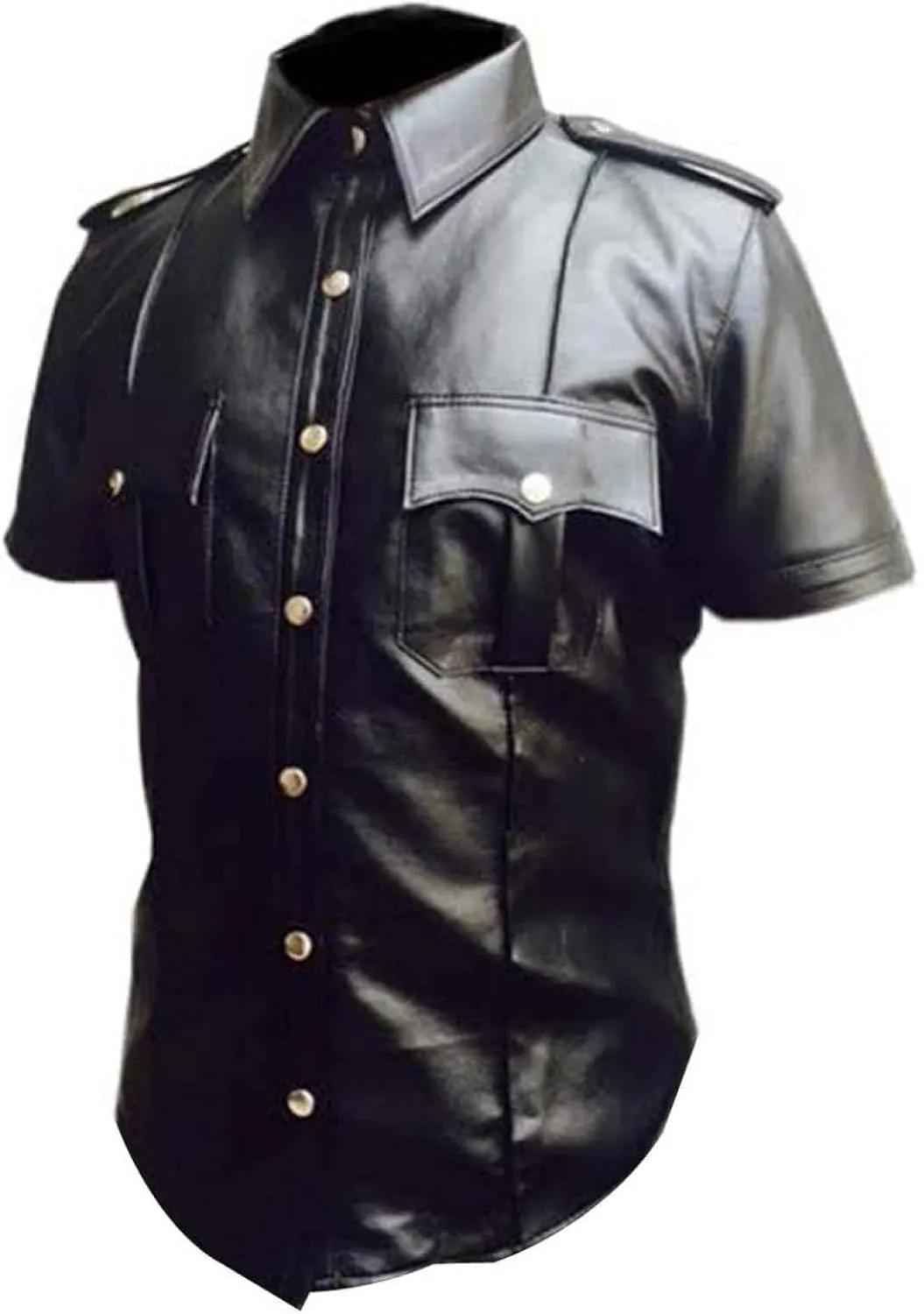 Real Leather Mens Cow Sheep Leather Police Real Uniform Shirt BLUF Gay Mans Shirt Hot Lamb Leather