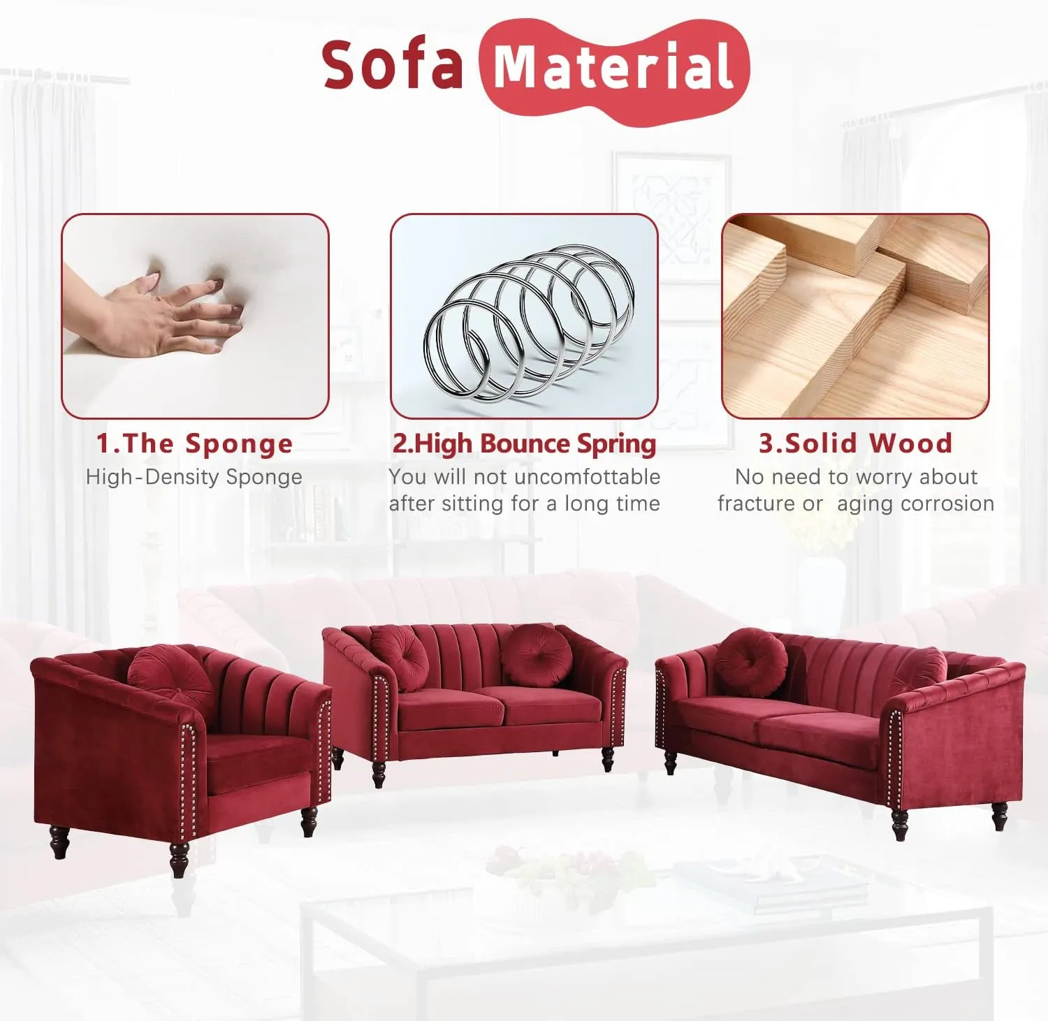 Red Chesterfield Velvet Sofa Couch Set (Chair/Loveseat/Sofa) - for Living Room Furniture Sets、Offices、Apartments