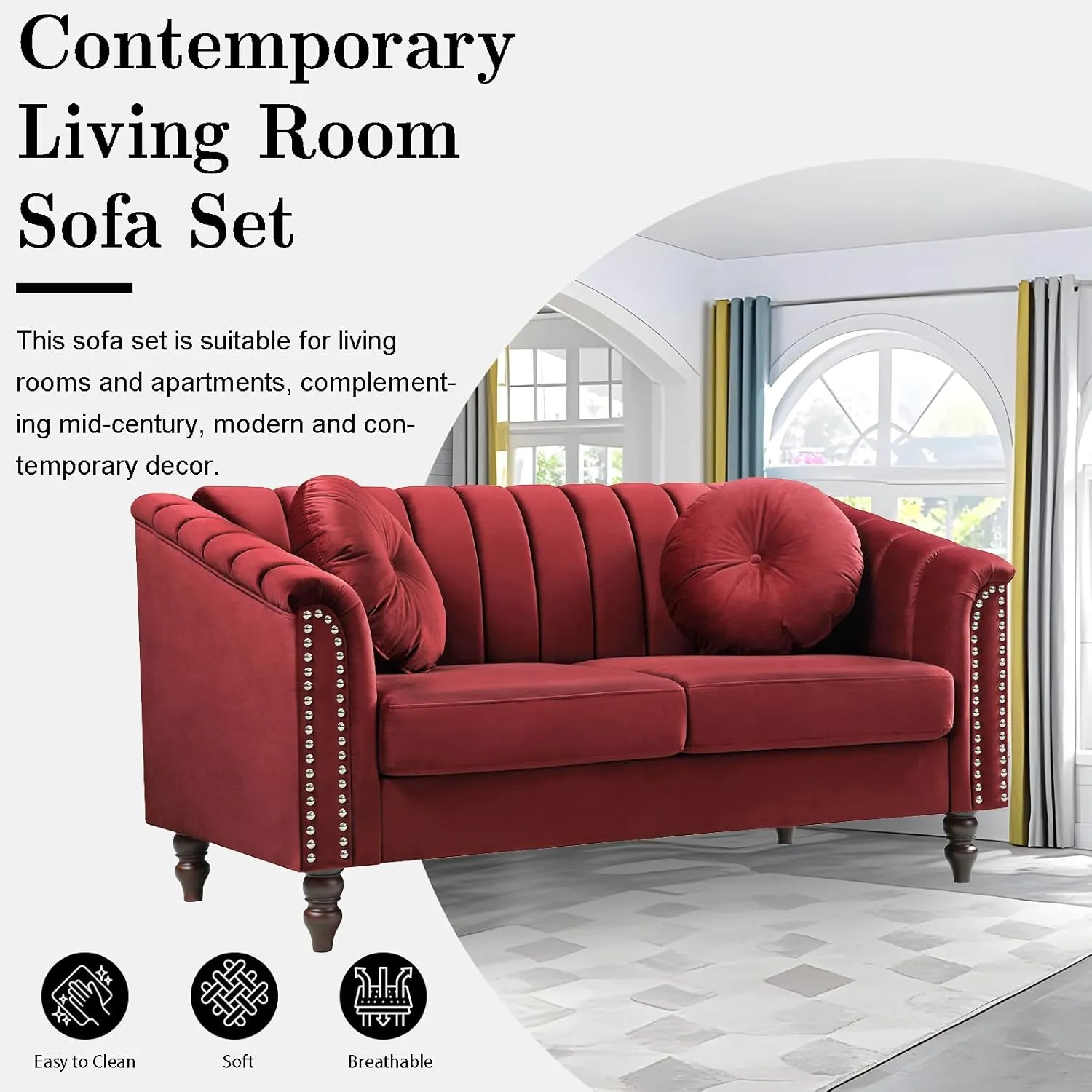 Red Chesterfield Velvet Sofa Couch Set (Chair/Loveseat/Sofa) - for Living Room Furniture Sets、Offices、Apartments