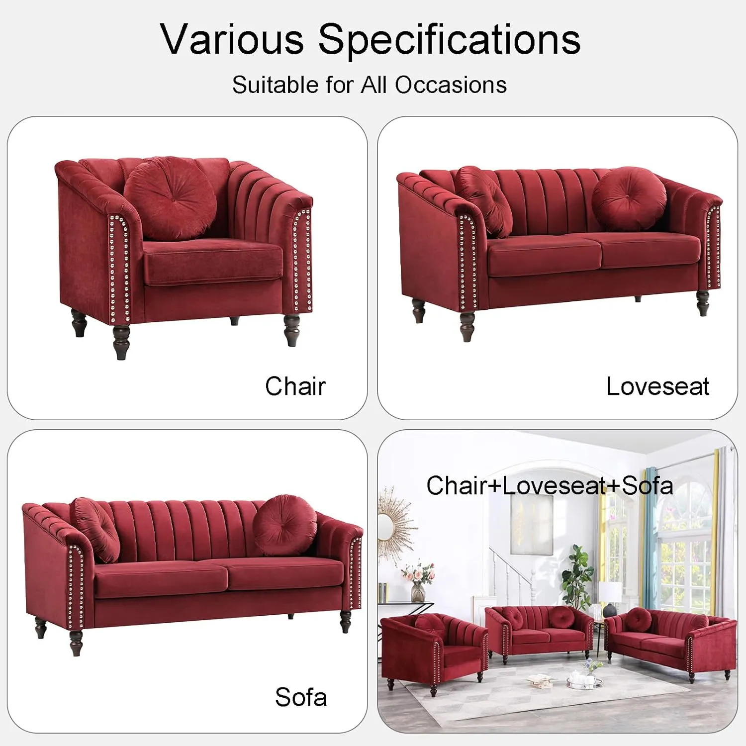 Red Chesterfield Velvet Sofa Couch Set (Chair/Loveseat/Sofa) - for Living Room Furniture Sets、Offices、Apartments
