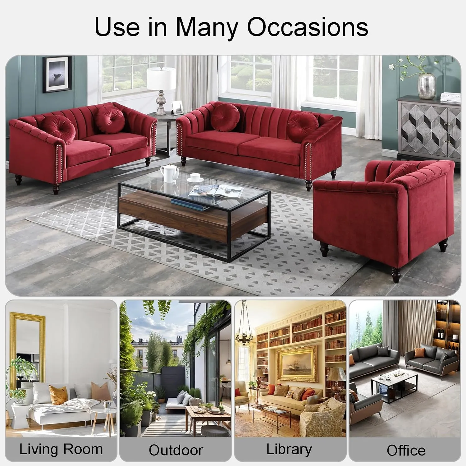 Red Chesterfield Velvet Sofa Couch Set (Chair/Loveseat/Sofa) - for Living Room Furniture Sets、Offices、Apartments