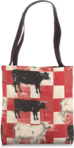 Red Vintage Checkered Cows Ranch Pasture Rustic Farm Art Tote Bag