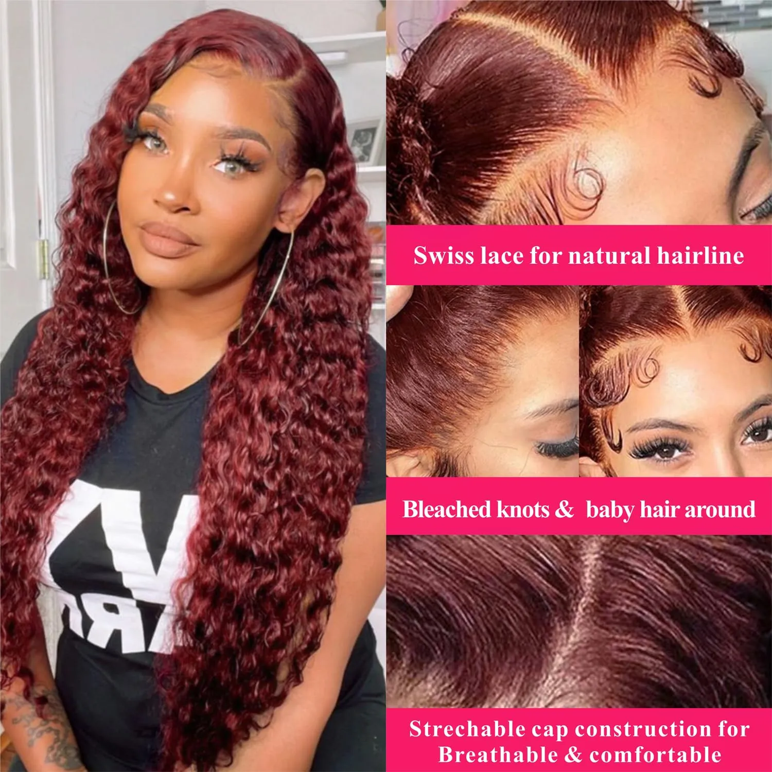 Reddish Brown 13x4 Deep Wave Lace Front Wigs Human Hair 33b Auburn Colored 13x4 HD Lace Frontal Wig for Women 180% Density Copper Red Glueless Curly Wig Pre Plucked 24 Inch