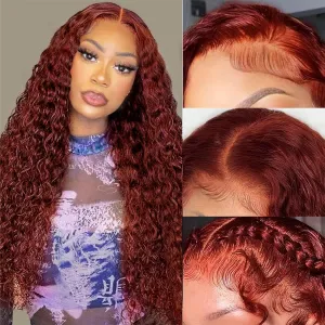 Reddish Brown 13x4 Deep Wave Lace Front Wigs Human Hair 33b Auburn Colored 13x4 HD Lace Frontal Wig for Women 180% Density Copper Red Glueless Curly Wig Pre Plucked 24 Inch