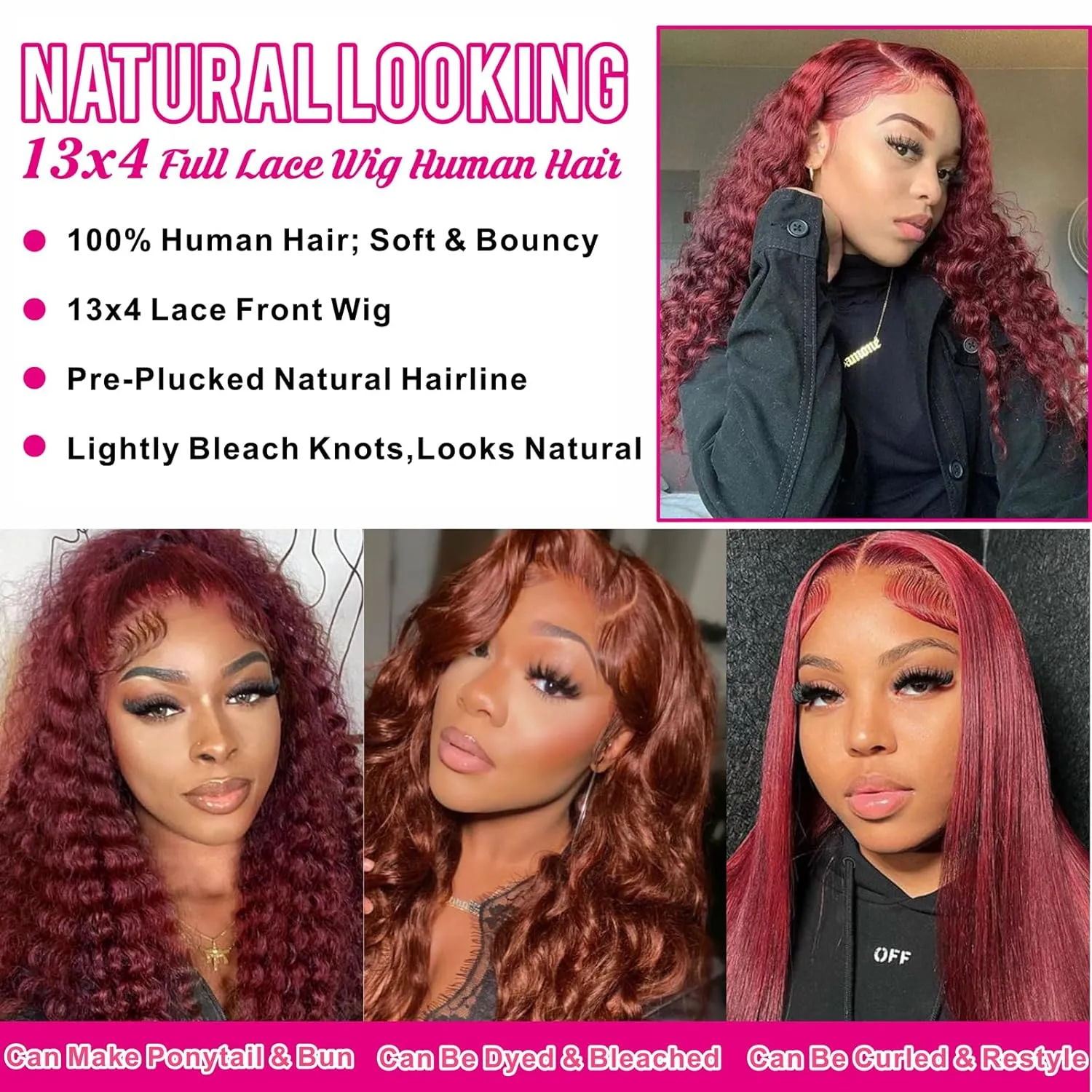Reddish Brown 13x4 Deep Wave Lace Front Wigs Human Hair 33b Auburn Colored 13x4 HD Lace Frontal Wig for Women 180% Density Copper Red Glueless Curly Wig Pre Plucked 24 Inch