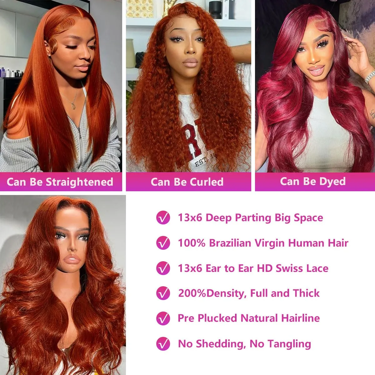 Reddish Brown 13x6 Lace Front Wigs Human Hair Body Wave 200% Density Pre Plucked Auburn Brown Human Hair Lace Front Wigs HD Transparent Lace Frontal Colored Wigs For Women 18 inch