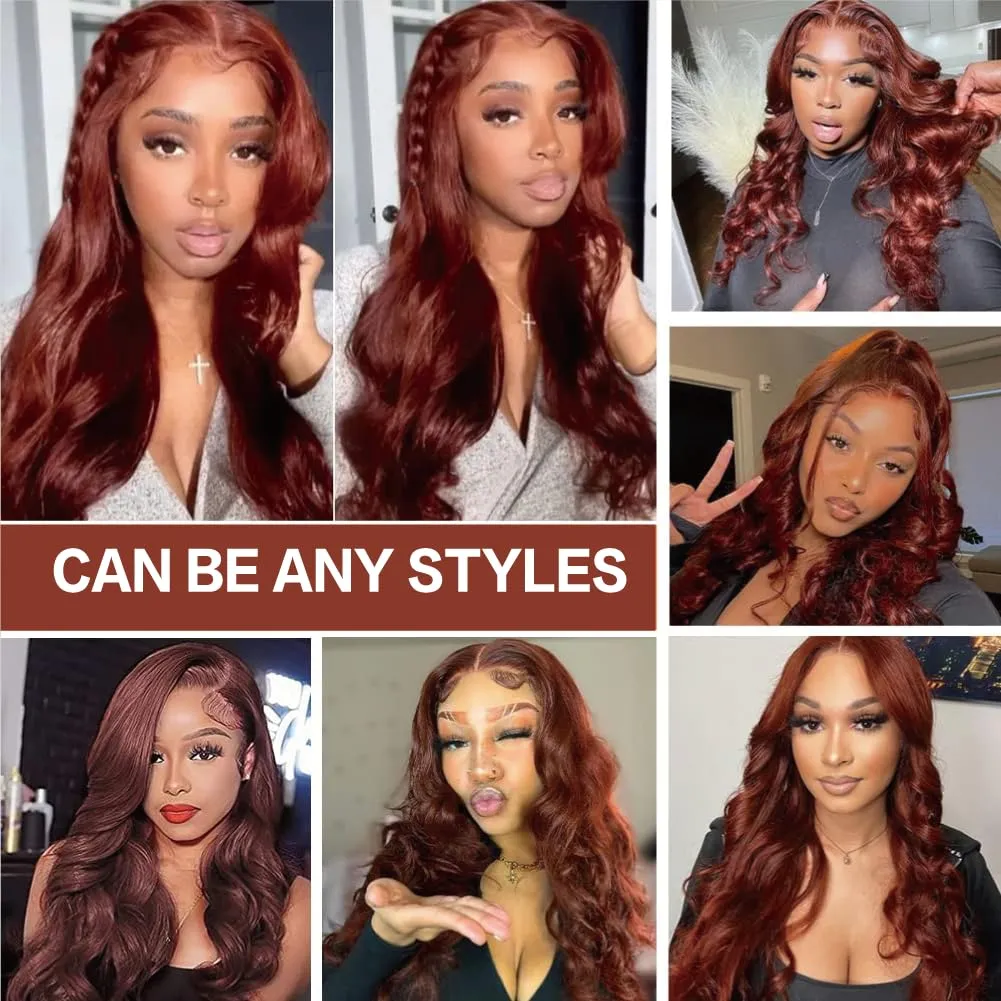 Reddish Brown Lace Front Wigs Human Hair 180% Density 13x4 HD Transparent Body Wave Lace Frontal Wigs With Baby Hair Auburn Copper Colored Glueless Human Hair Wigs for Women 30 Inch