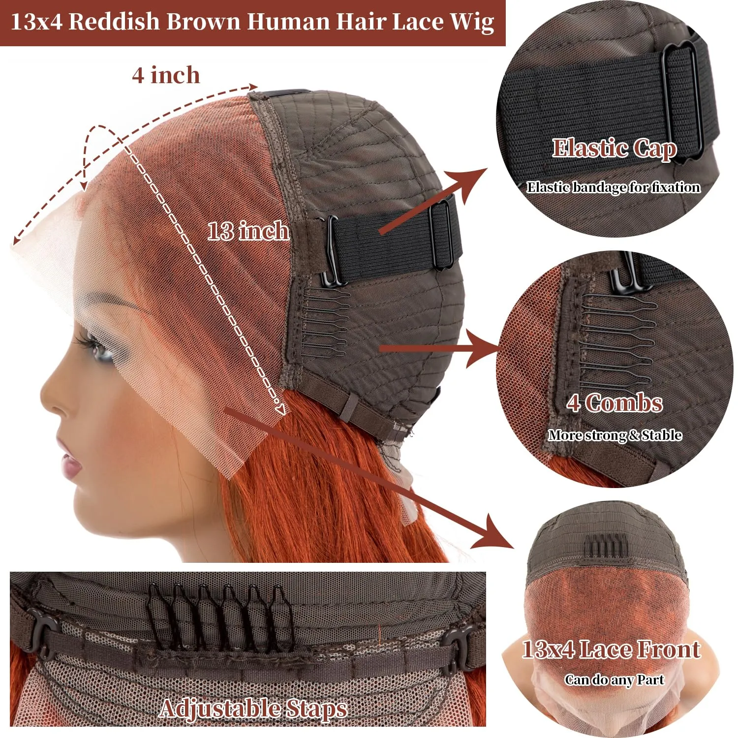 Reddish Brown Lace Front Wigs Human Hair 180% Density 13x4 HD Transparent Body Wave Lace Frontal Wigs With Baby Hair Auburn Copper Colored Glueless Human Hair Wigs for Women 30 Inch