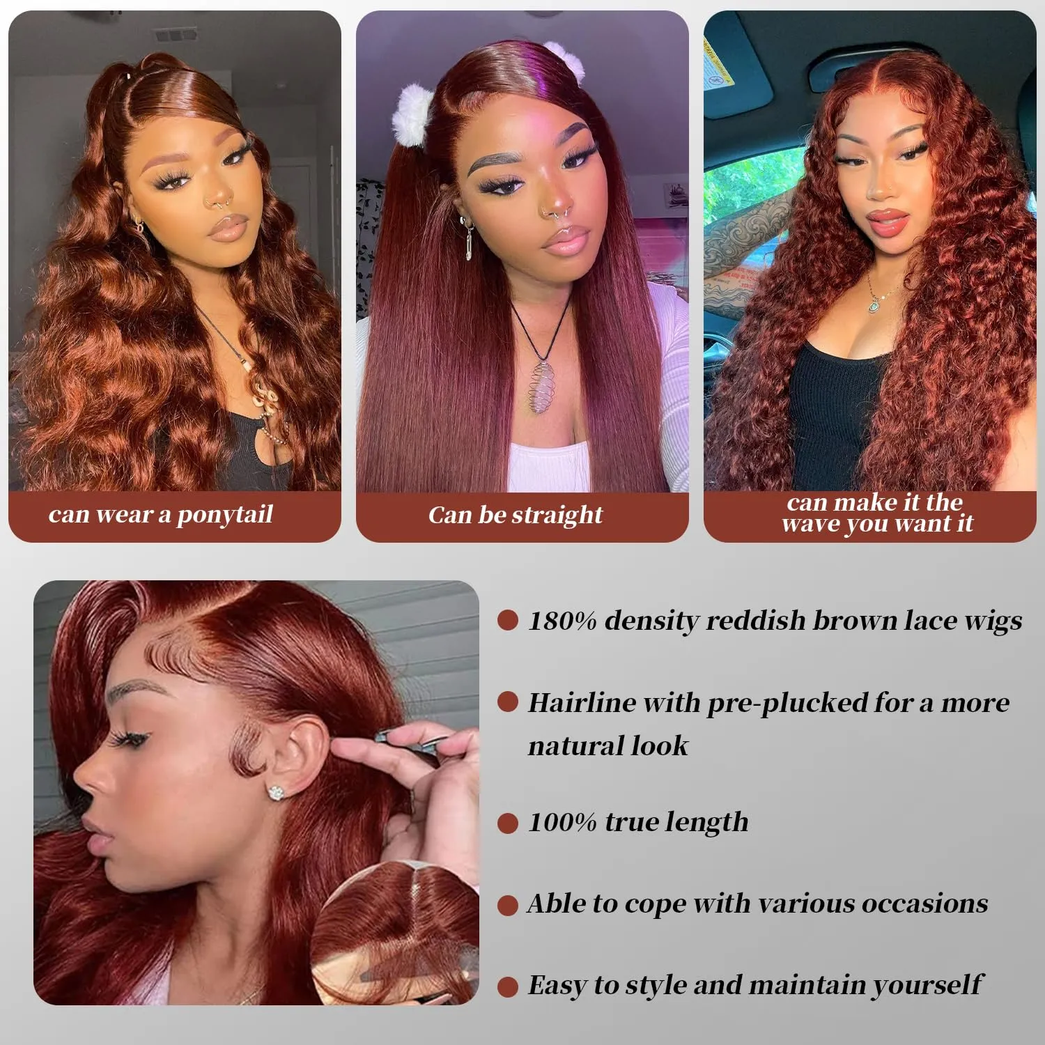 Reddish Brown Lace Front Wigs Human Hair 180% Density 13x4 HD Transparent Body Wave Lace Frontal Wigs With Baby Hair Auburn Copper Colored Glueless Human Hair Wigs for Women 30 Inch