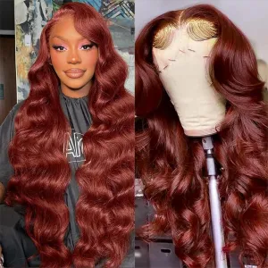Reddish Brown Lace Front Wigs Human Hair 180% Density 13x4 HD Transparent Body Wave Lace Frontal Wigs With Baby Hair Auburn Copper Colored Glueless Human Hair Wigs for Women 30 Inch