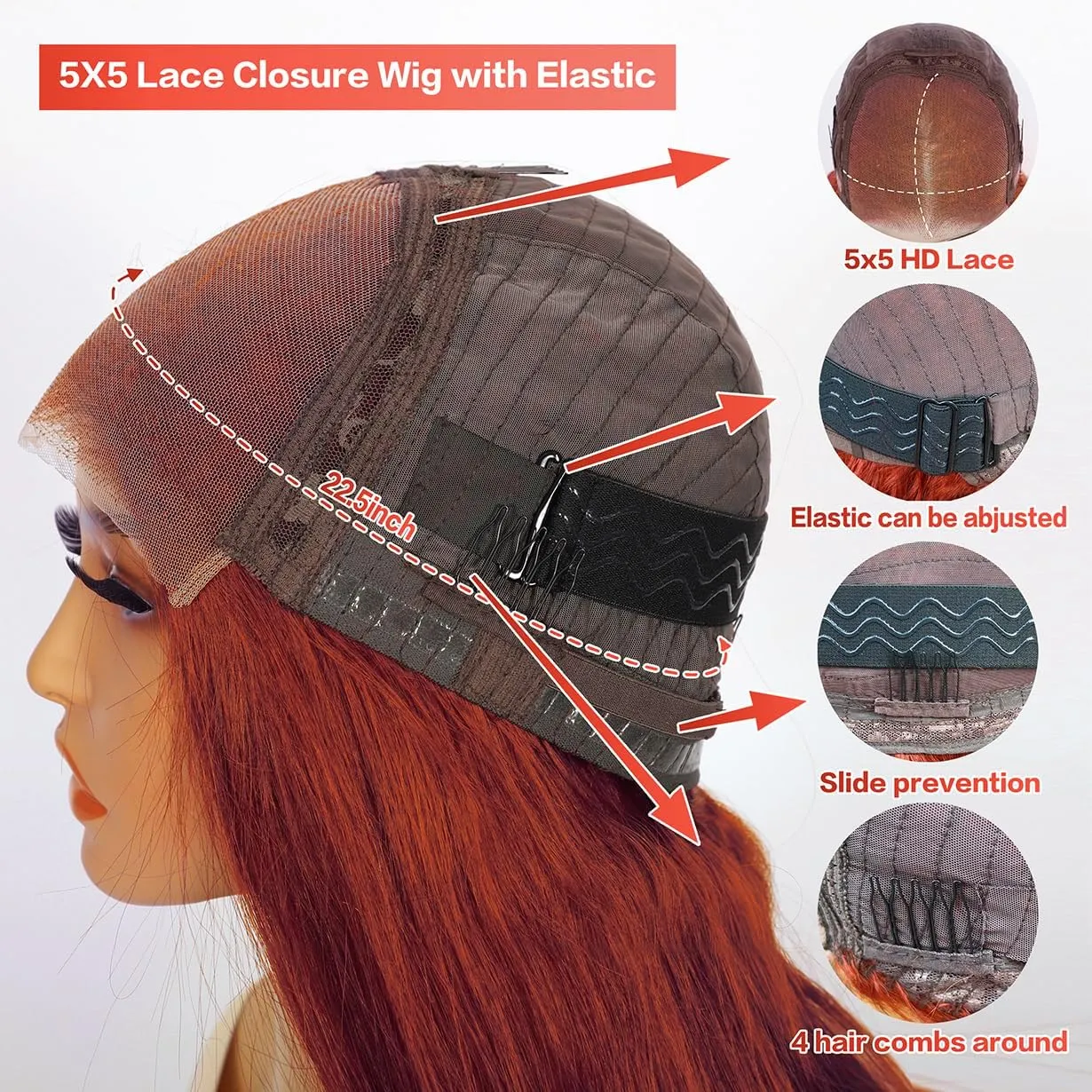 Reddish Brown Lace Front Wigs Human Hair Pre Plucked 5x5 Auburn Colored Human Hair Lace Front Wigs Mongolian Deep Wave Glueless Wigs Human Hair Wear and Go HD Lace Frontal Human Hair Wig (24inch)