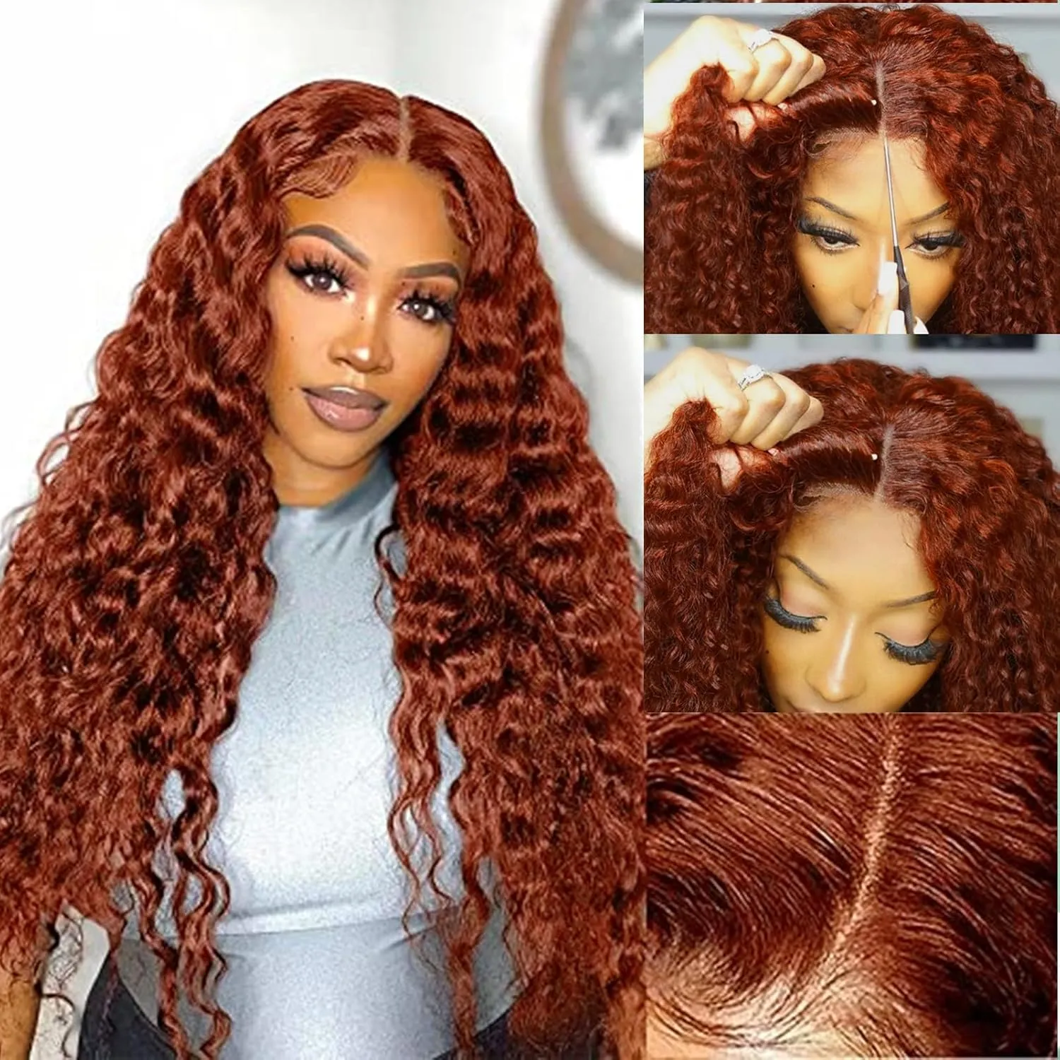 Reddish Brown Lace Front Wigs Human Hair Pre Plucked 5x5 Auburn Colored Human Hair Lace Front Wigs Mongolian Deep Wave Glueless Wigs Human Hair Wear and Go HD Lace Frontal Human Hair Wig (24inch)