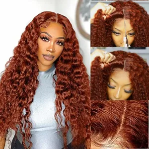 Reddish Brown Lace Front Wigs Human Hair Pre Plucked 5x5 Auburn Colored Human Hair Lace Front Wigs Mongolian Deep Wave Glueless Wigs Human Hair Wear and Go HD Lace Frontal Human Hair Wig (24inch)