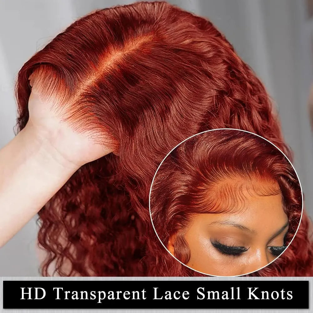 Reddish Brown Lace Front Wigs Human Hair Pre Plucked 5x5 Auburn Colored Human Hair Lace Front Wigs Mongolian Deep Wave Glueless Wigs Human Hair Wear and Go HD Lace Frontal Human Hair Wig (24inch)