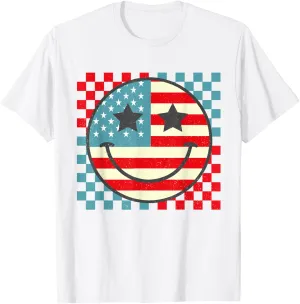 Retro Groovy Fourth 4th of July Smile Checkered Womens Girls T-Shirt