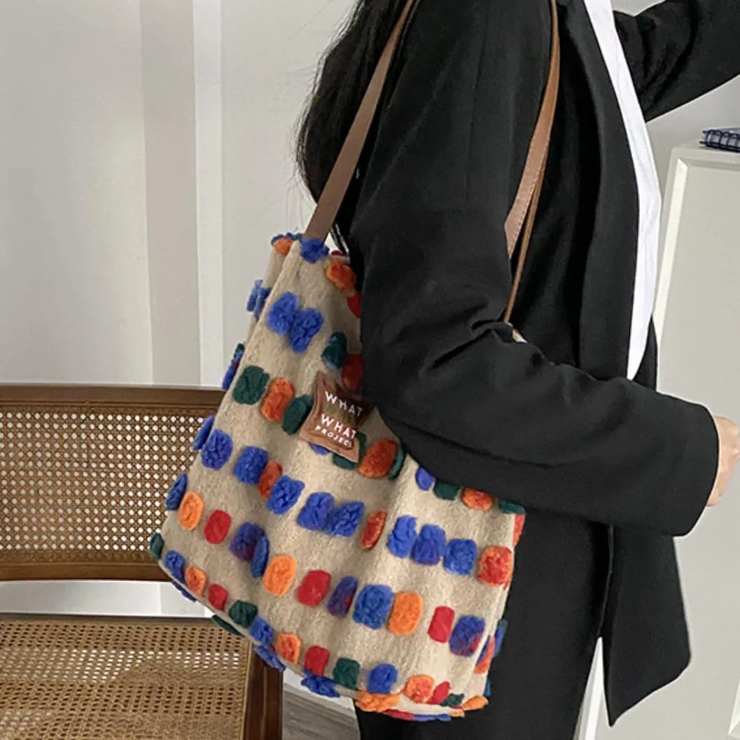 Retro Plush Shoulder Bag Plaid Woolen Bag Tote Bag