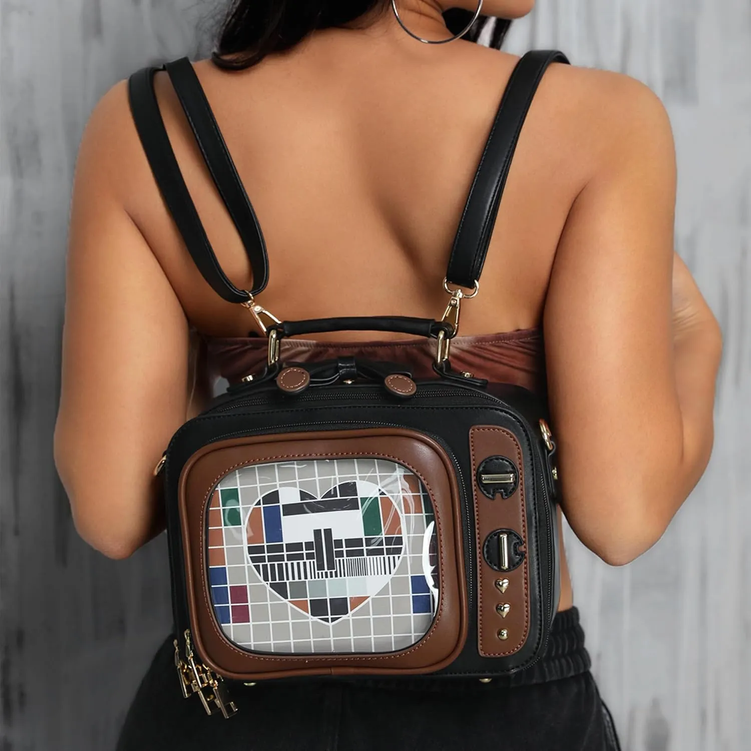Retro TV Shaped Ita Bag Backpack Small Pin Display Bag with Inserts Cute Ita Crossbody Bag for Enamel Pins Display