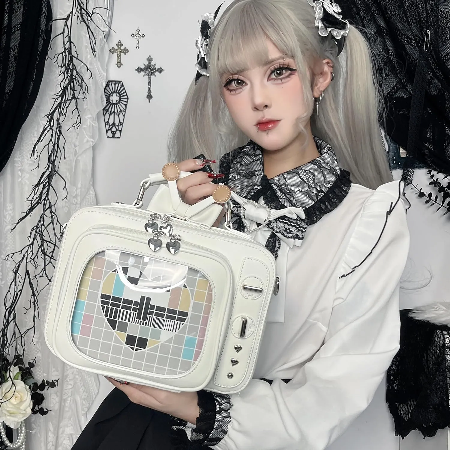Retro TV Shaped Ita Bag Backpack Small Pin Display Bag with Inserts Cute Ita Crossbody Bag for Enamel Pins Display