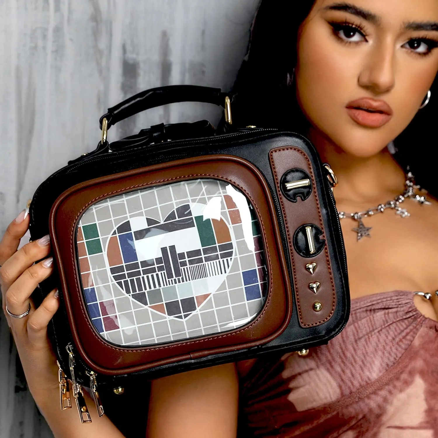Retro TV Shaped Ita Bag Backpack Small Pin Display Bag with Inserts Cute Ita Crossbody Bag for Enamel Pins Display