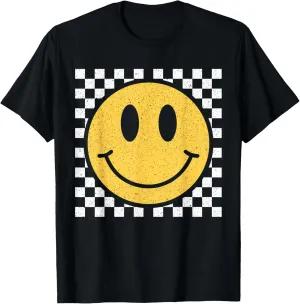 Retro Yellow Happy Face Checkered Pattern Smile Face Trendy T-Shirt